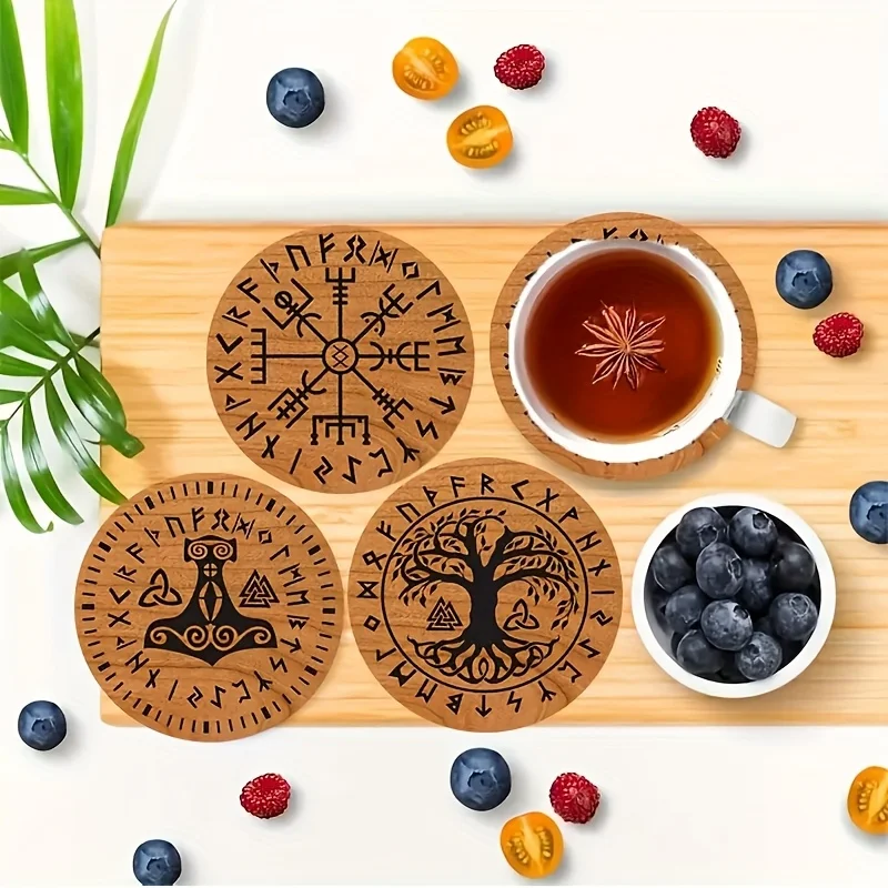 Retro Viking Runes 2D Wooden Coaster Lightweight Heat Resistant Restaurants Cafes Tea Houses Offices Home Party Seasonal Decor