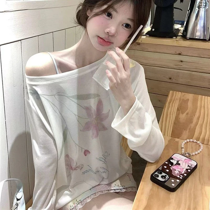 Vintage White round Neck Printed Long Sleeve T-Shirt Women's Fashionable Cotton Top Breathable Comfortable Summer New Arrival