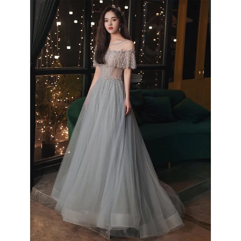 Grey Evening Dress 2024 Summer Heavy Beading Sequined Ruffles Hollow Out Elegance Long Host Slim Bridesmaid Dress Prom Dress