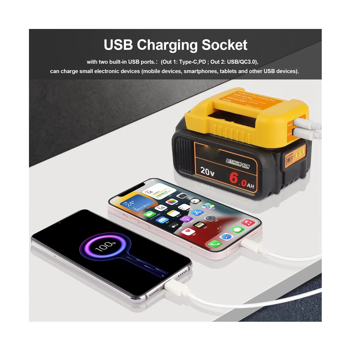 2 шт., USB-адаптер для быстрой зарядки Dewalt, 20 в