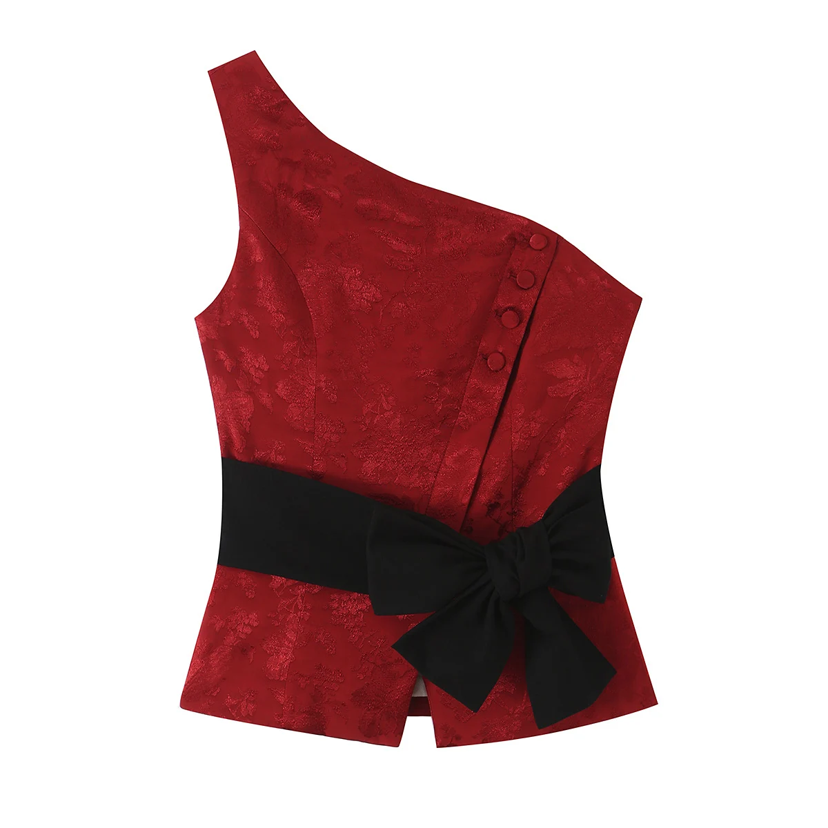 BSAY 2026 Summer Women Red Jacquard One Shoulder Sleeveless Top With Bow Belt High Waist Pencil Midi Skirt Two Piece Outfit image 2