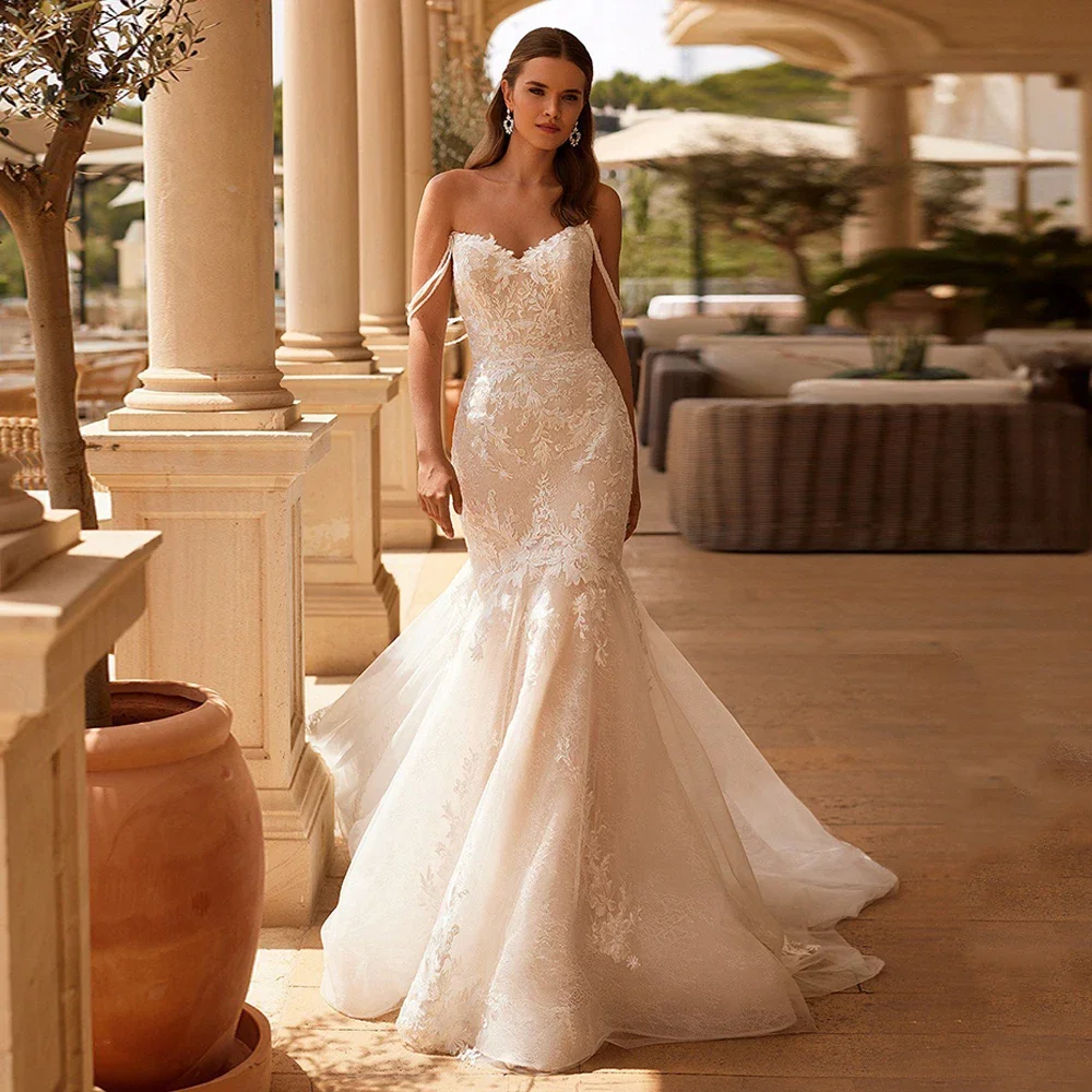 Elegant V-neck Mermaid Wedding Dress Custom Lace Stickers Sweep Train Robe Detachable Pearl Off Shoulder Bridal Dress