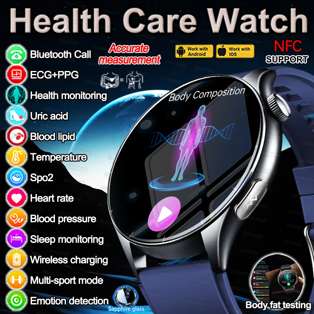 

2025 New One-click Micro Examination ECG Smartwatches Men Uric Acid Blood Pressure Bluetooth HD Call Fitness NFC Bracelets Mens