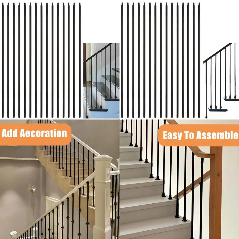 

15-Pack 1/2 x 44 Straight Hollow Wrought Iron Balusters, Matte Black Metal Stair Railing
