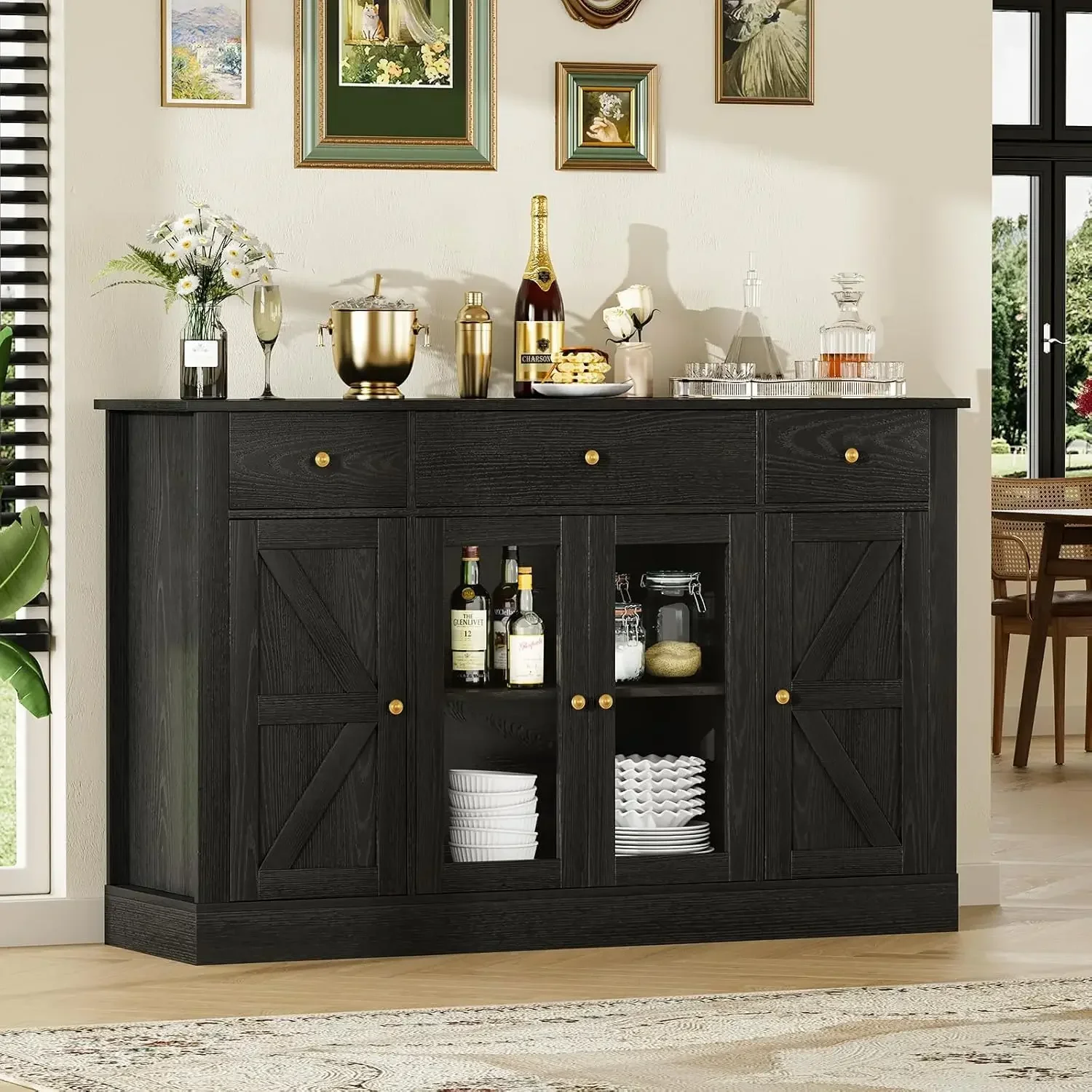 Mobiletto da buffet grande da 55 pollici con contenitore, mobiletto da bar in legno per cucina, sala da pranzo, nero