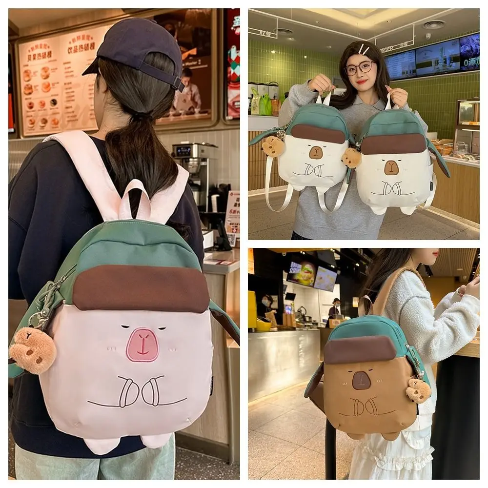 Kawaii Capybara Nylon Backpack Large Capacity Korean Style Capybara School Bag with Pendant Cartoon Students Book Bag Girls