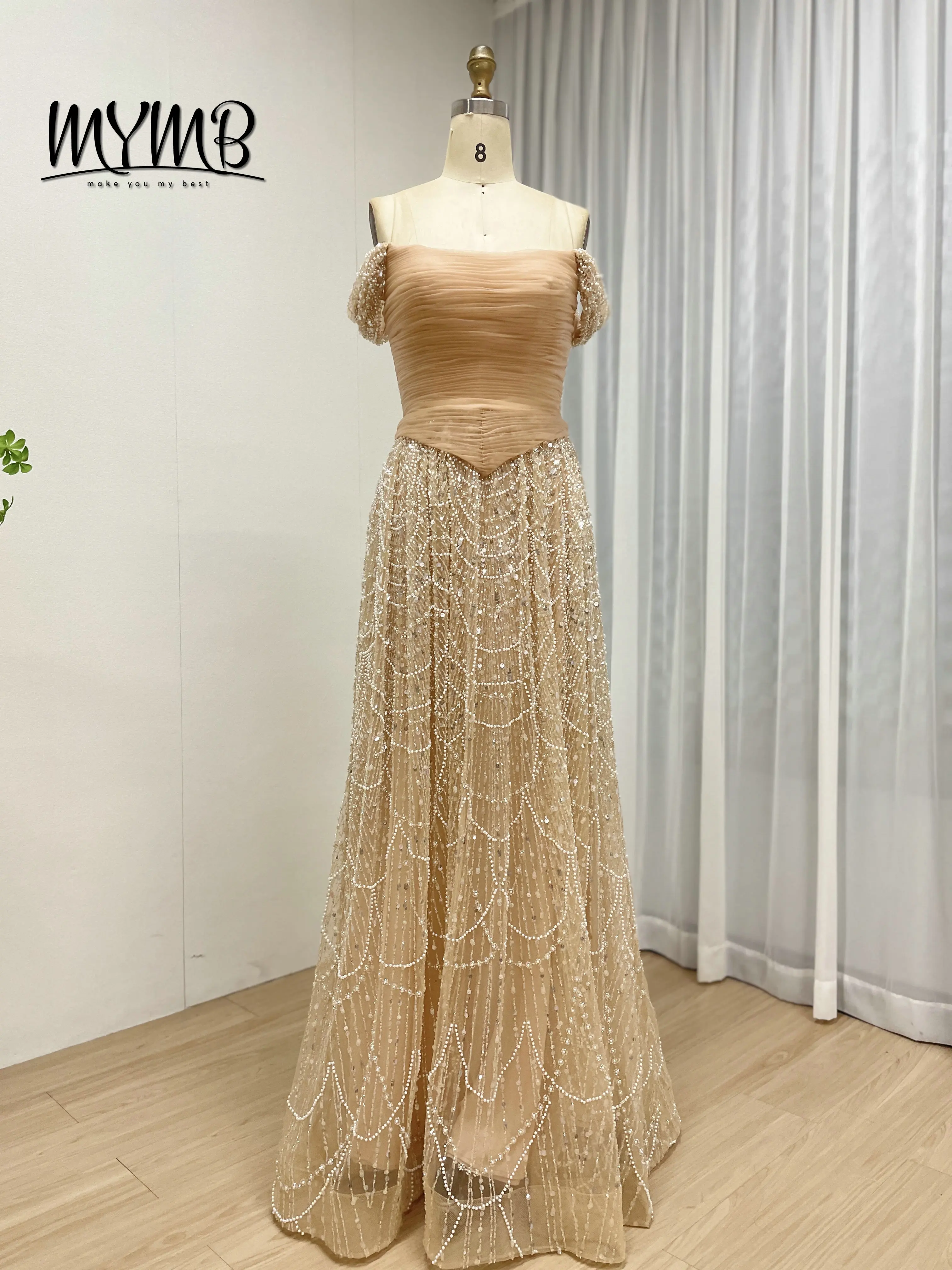 MYMB nouveau Style orné de paillettes de perles exquises élégant hors de l'épaule une ligne robe de soirée pour occasion formelle MB40432