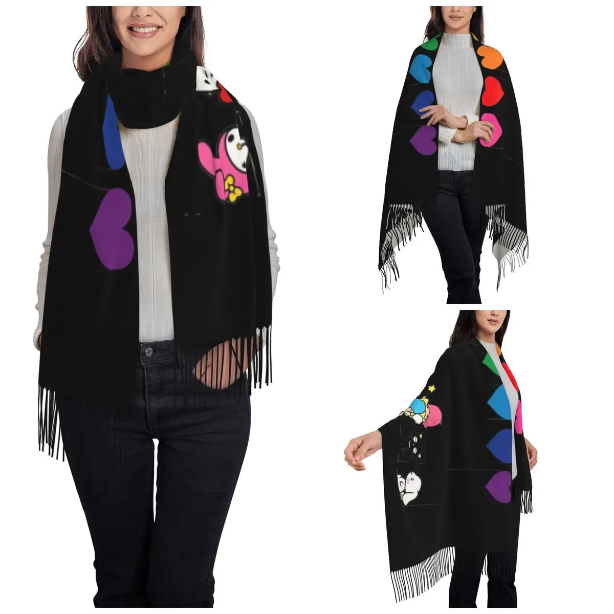 Bufanda arcoíris de Hello Kitty y Friends para mujer, chales de Pashmina con borlas, chales grandes de dibujos animados, uso diario, invierno y otoño