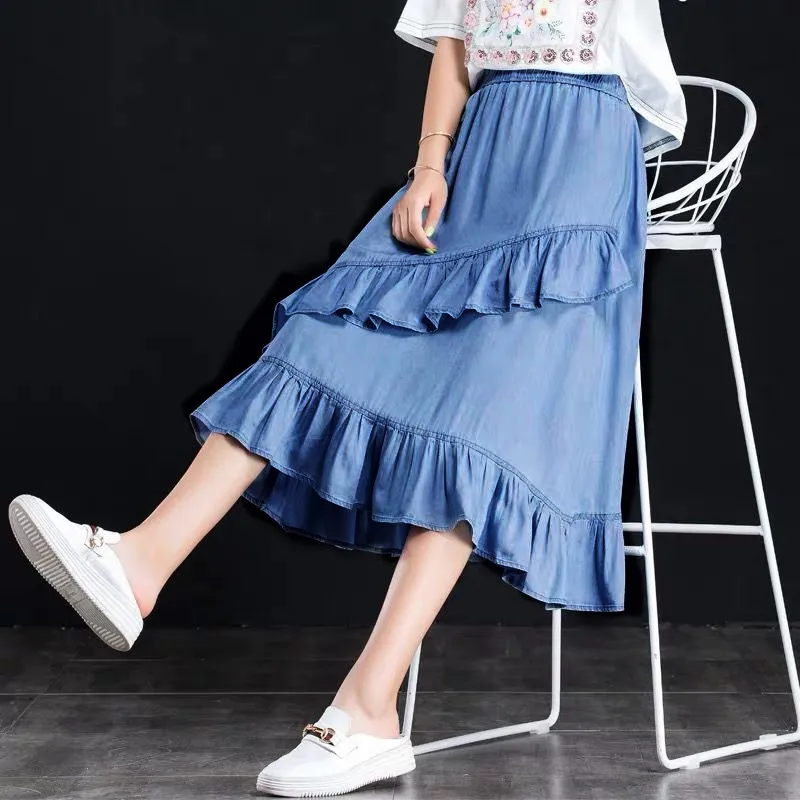 Zwart Blauw plus size dames hoge taille denim rok met ruches lente zomer asymmetrische elegante lange rok katoenen rokken