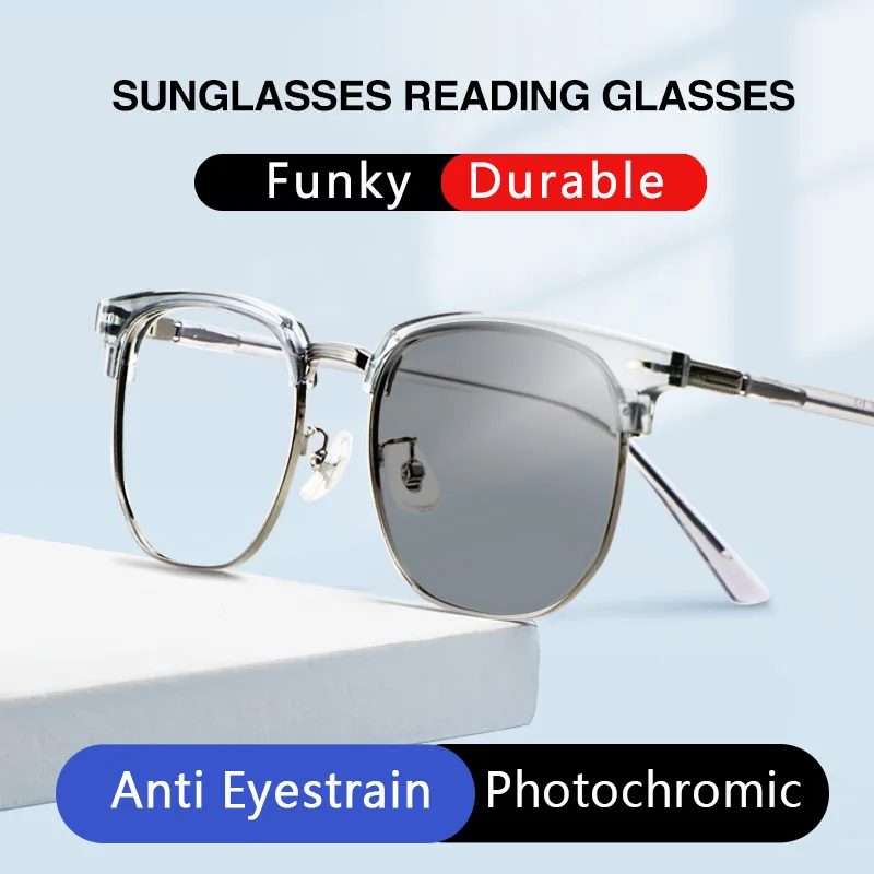 Photochromic Reading Glasses for Men, Stylish Rectangle Glasses, Presbyopic Sunglasses , Strength of +0.50 to +4.00