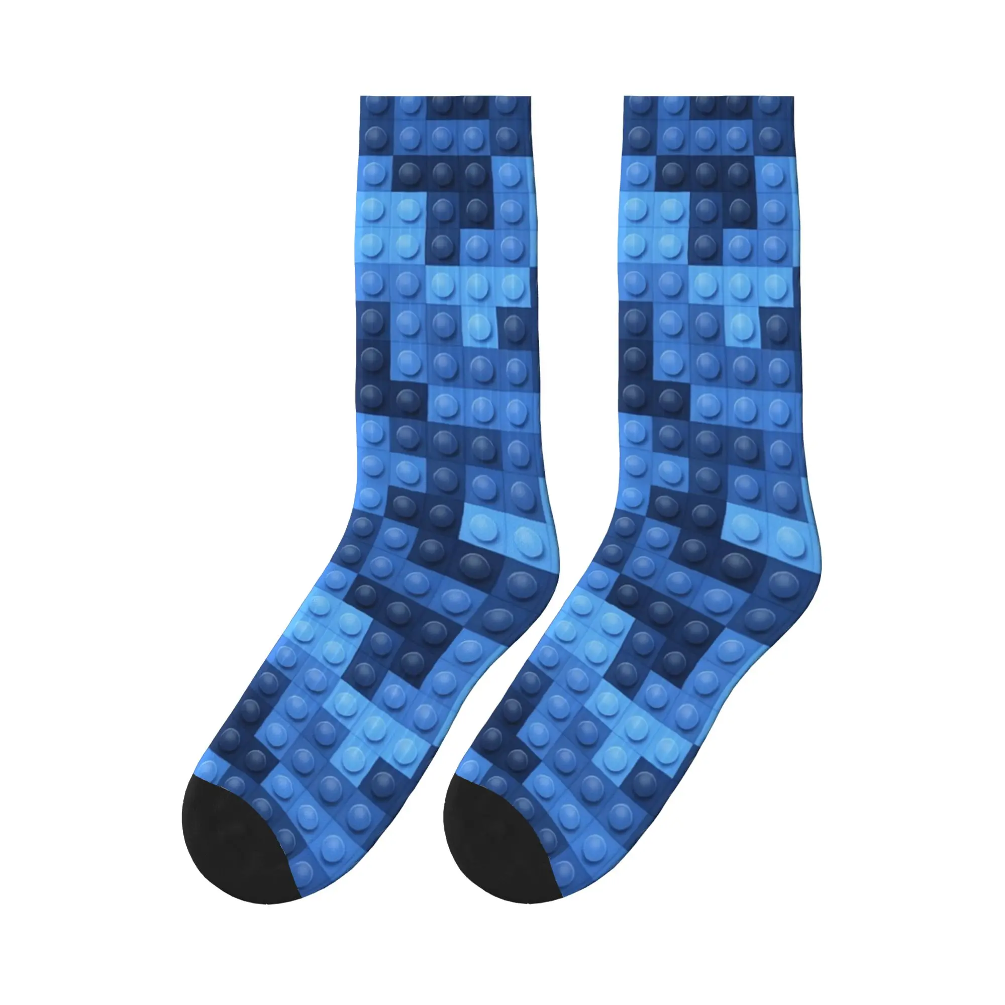 Adults Men Socks Blue Gradient Building Blocks Print Stockings Anti Bacterial Comfortable Socks Autumn Leisure Skateboard Socks