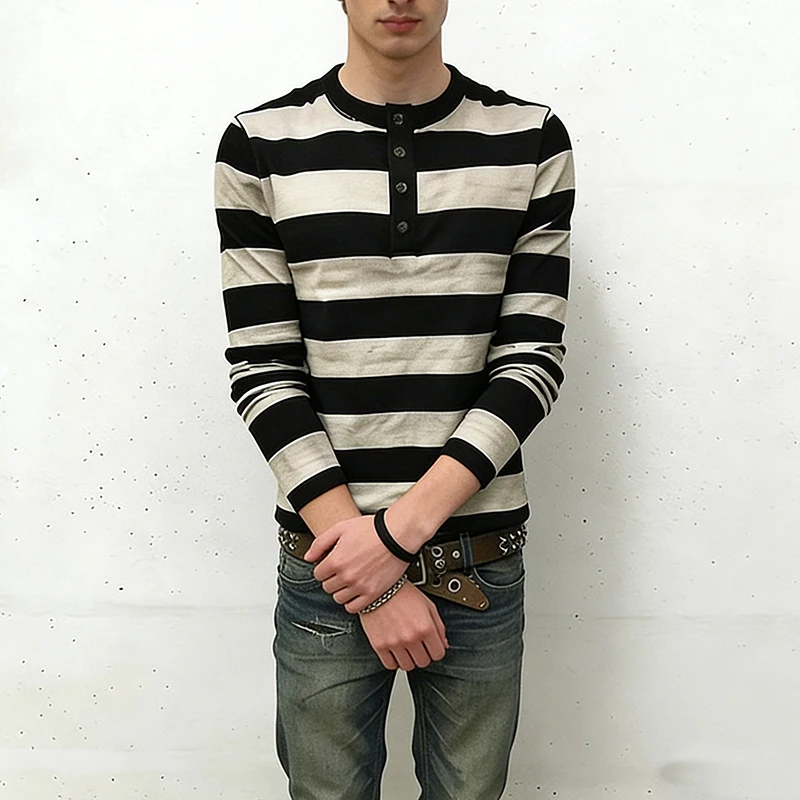 Damenkleidung Gestreiftes Kontrast-Gothic-Mode Langarm-T-Shirt Top Frühling Herbst Neu Slim Fit Rundhals Herrenkleidung
