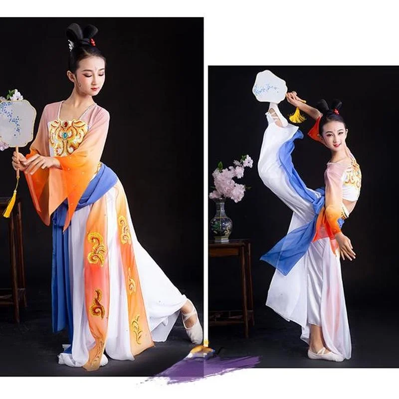 

Детский танцевальный костюм в стиле Дуньхуан: наряд для выступлений с веерами, костюм для танца с зонтами, комплект для девочек в стиле Хань-Тан