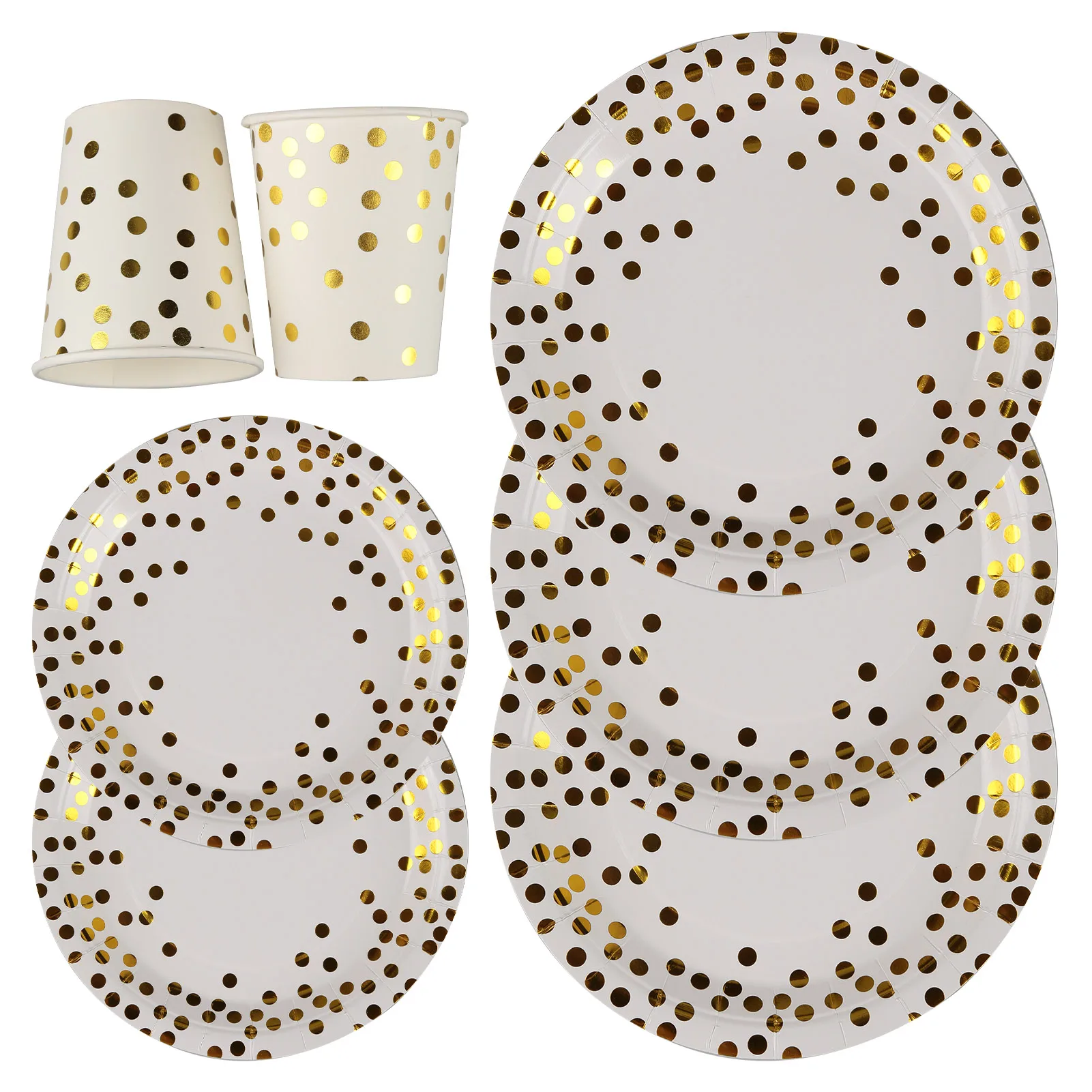 

60pcs 9oz Paper Cups + 60pcs 7-inch Plates + 60pcs 9-inch Plates Set of 180pcs Disposable Drinkware & Dishware with Golden Polka