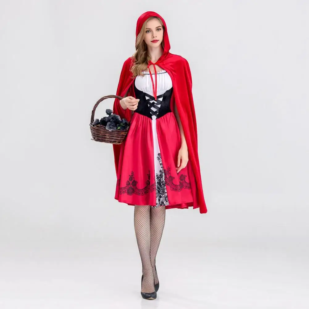 

Mysterious Role Play Outfit Halloween Costume Set Women's Little Witch Maid Cosplay Costume Set with Red Hat Cloak for Halloween