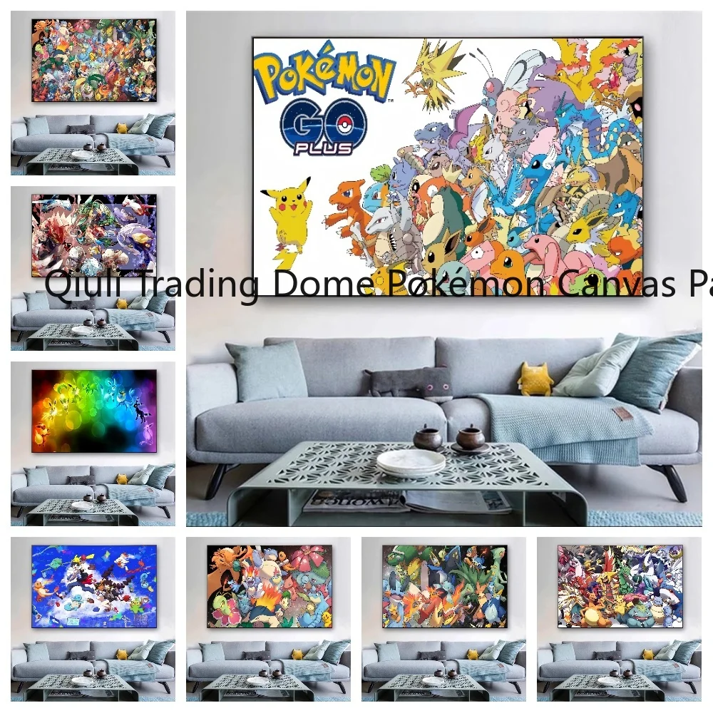 

Classic Anime Peripheral Pokemon Poster Decor Pikachu Charizard Wall Art Watercolor Canvas Painting Modern Room Decor Picture