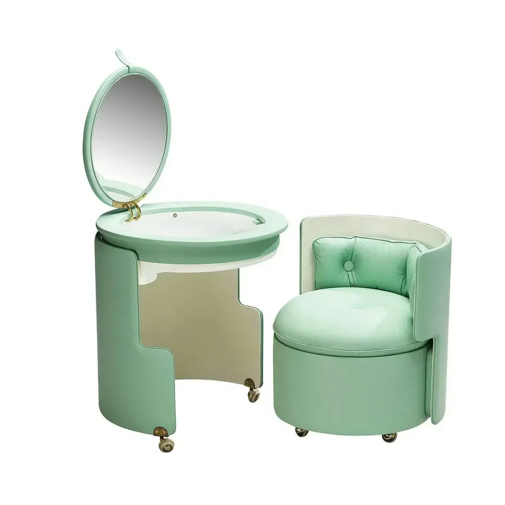 

Mid-Century Modern green dilly dally vanity Corner Mirrored Vanity Makeup Wooden Dressing Table With Lighted Mirror And Stool