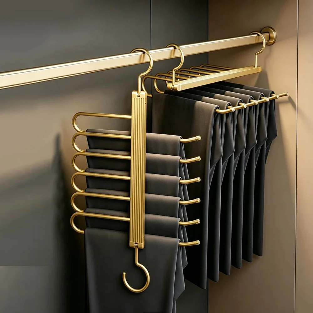 Pants Hanger Professional Home Wardrobe Clothes Organizer Space Saving Foldable Aluminum Alloy 6 In 1 Multi Layer Pants Rack