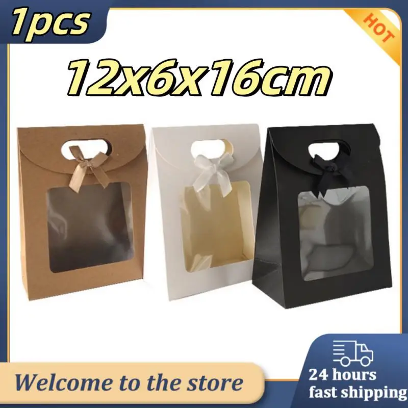 Kraft Paper Gift Bags Transparent Clear Window Bag With Handle Candy Biscuits Cake Packing Box 12x6x16cm Gift Bag Christmas