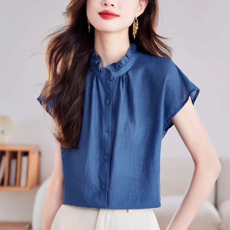 

2025 New/Women's Cotton Linen Ruffle Shirt/Summer Short-sleeved Shirt Tops Blouse Office Lady Work