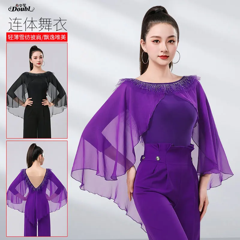 Doubl Moden Dance Special Jacket Hot Drill Collar Edge After Dovetail Jumpsuit Women Long Sleeve High-end Waltz Dance Dress