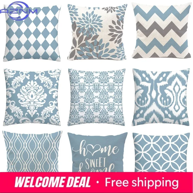 Geometric Print Polyester Pillow Cover Lake Blue Pattern Living Room Sofa Cushion Cover Home Decoration 45x45 Cm