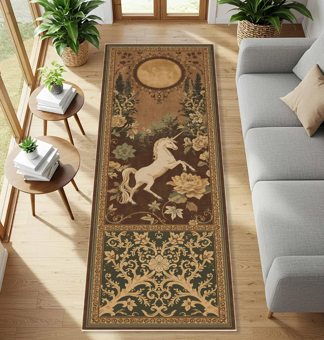 Alfombra de corredor largo de bosque encantado de unicornio, alfombra de camino místico, verde oscuro, dorado, Retro, antideslizante, duradera para decoración de pasillo y sala de estar