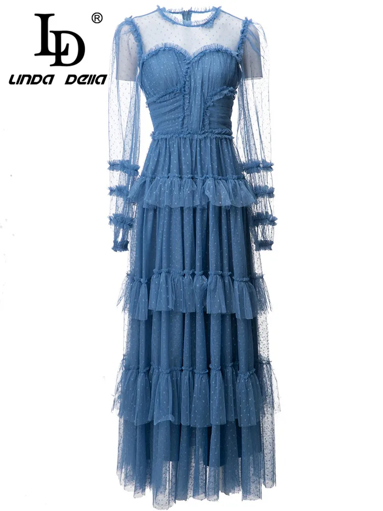 

LD LINDA DELLA Summer New Style Elegant and Pretty Dress Women's Blue Dot Cascading Ruffle Splice Transparent Party Long Dress