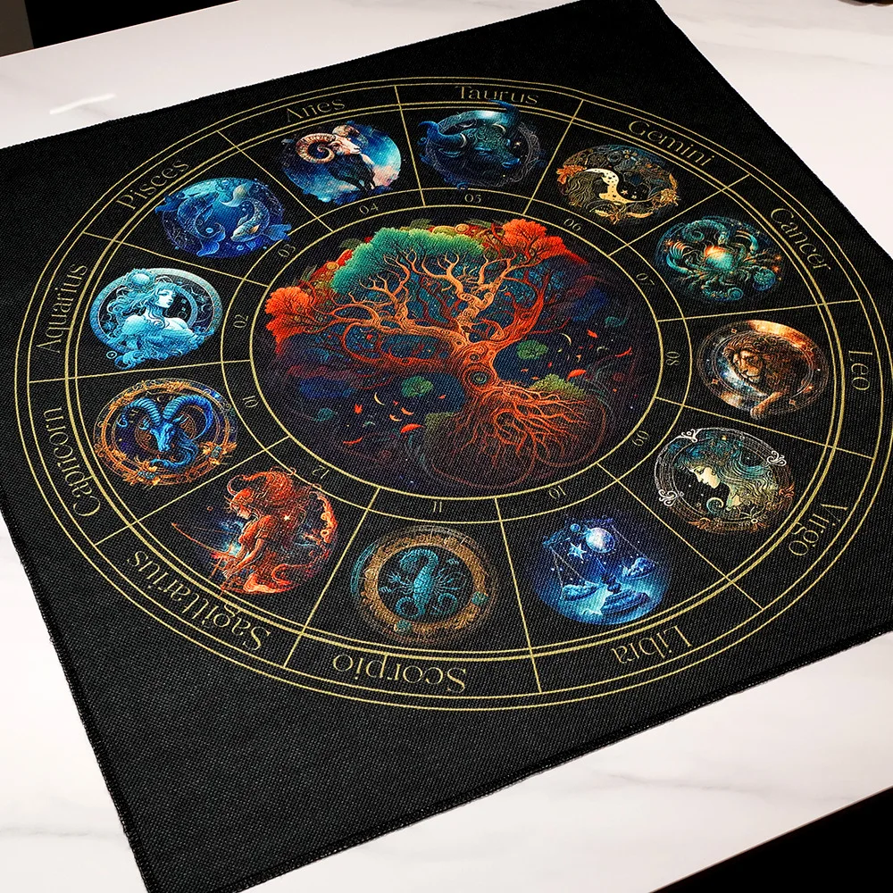 50/75cm Tablecloth Tarot Altar Cloth with Zodiac Signs and Tree of Life Celestial Tarot Deck for Tarot and Oracle Card Readings