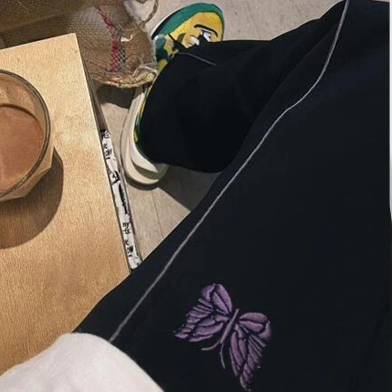 Arrival Purple Butterfly Embroidery Black Cotton Trousers Track Stripe Button Casual Oversize Men Women 1:1 Flared Pants