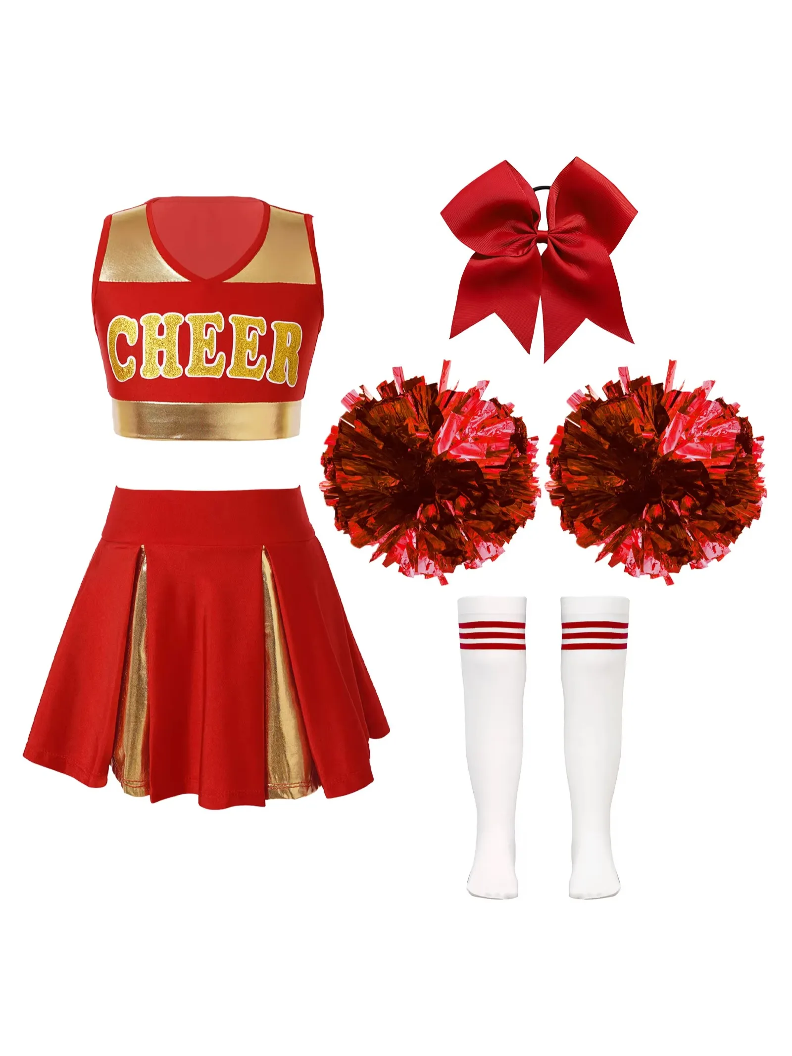 Dziecięce stroje do cheerleadingu dla dziewcząt, bezrękawnik z nadrukiem liter, krótka bluzka, plisowana spódniczka, zestaw z paskowanymi podkolanówkami, uniformy cheerleaderek. — 2