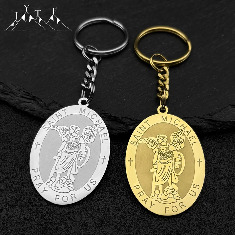 Archangel St.Michael Protect Us Key Ring Women Men Stainless Steel Gold Color Saint Shield Protection Key Chain Amulet Jewelry