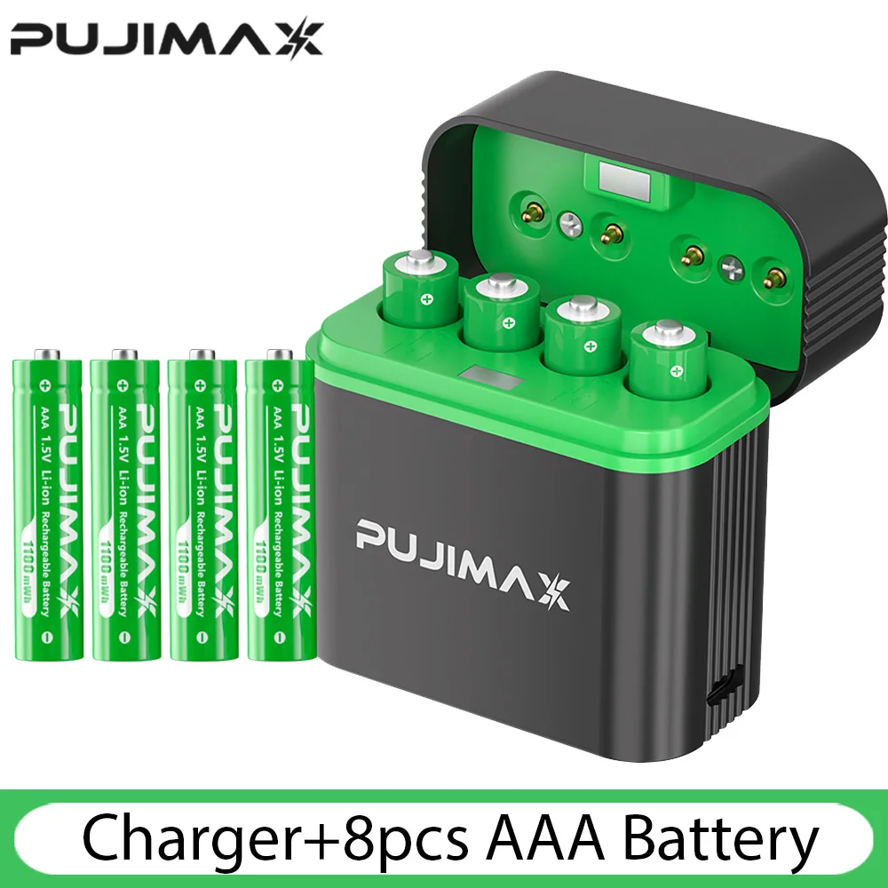 PUJIMAX 1,5 V AAA 1100 mWh oplaadbare lithium-ionbatterij met slimme batterijlader SET batterijen individueel beschikbaar