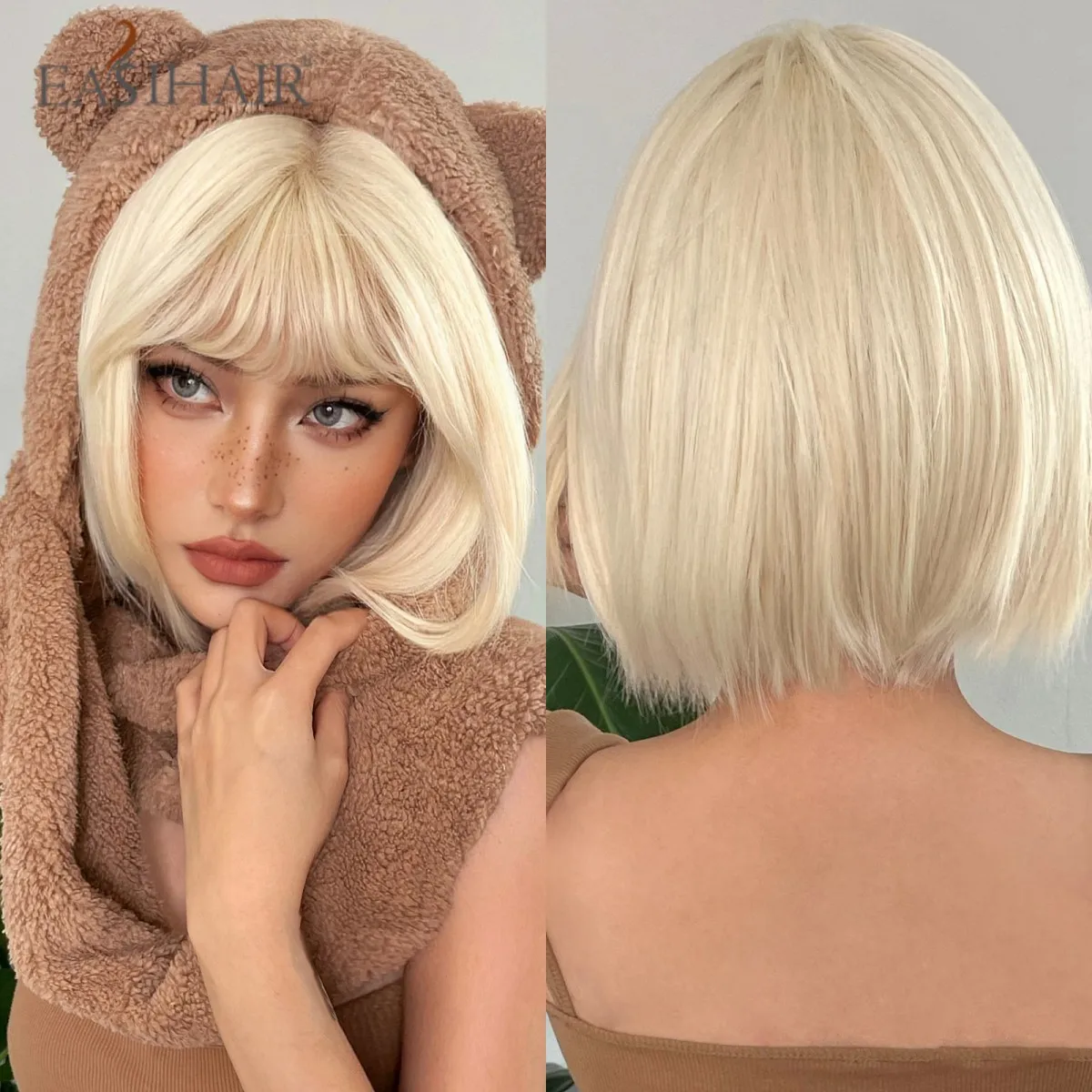 

EASIHAIR Platinum Blonde Short Bobo Synthetic Natural Hair Wig with Bangs for Women Cosplay Party Heat Resistant Fiber Wigs