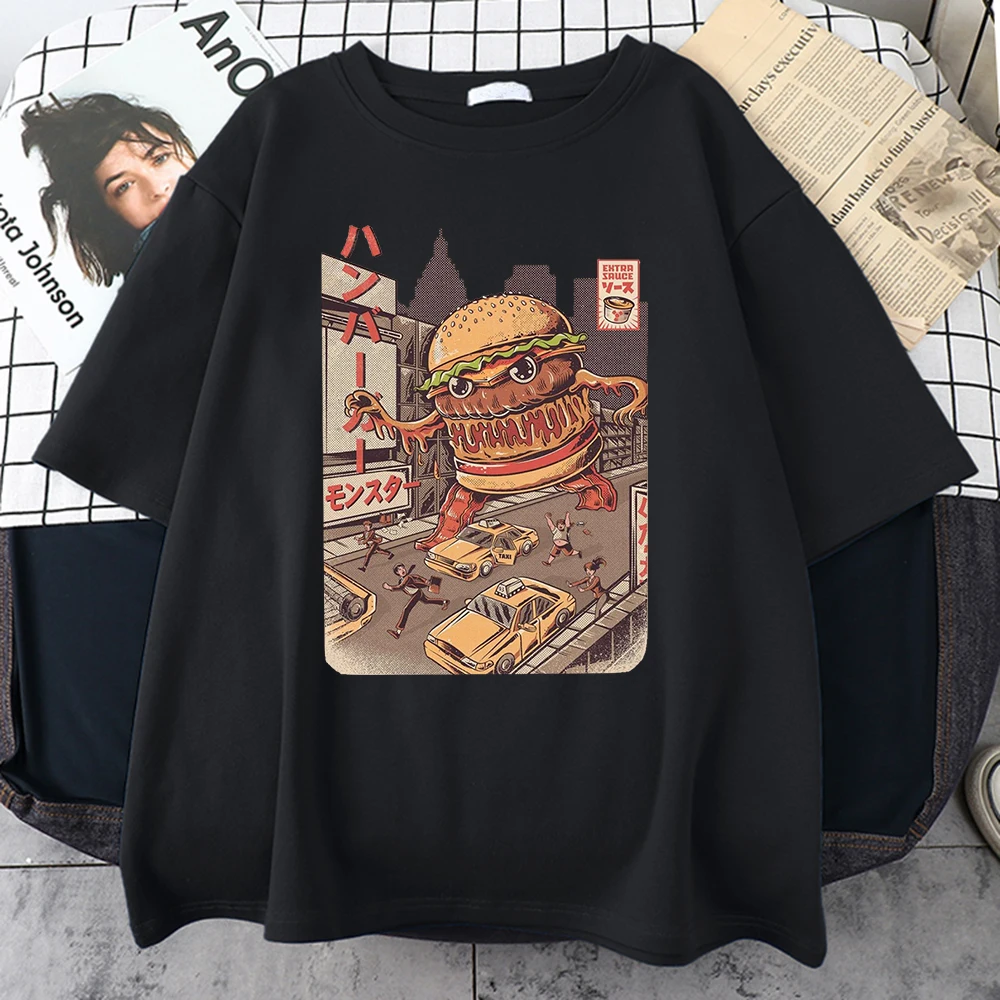 Ukiyoe Japan Style Burgerzilla Tee Shirt Harajuku Retro T Shirt Summer Street Tee Shirts Tops Casual Loose T Shirts For Mens