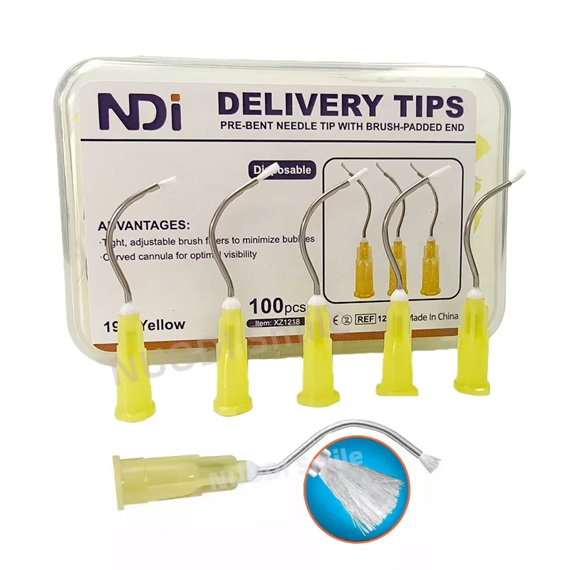 100Pcs/Box Disposable Dental Pre-bent Needle Delivery Tips with Brush Padded End Dental Dispensing Syringe Tips Dentistry Tools