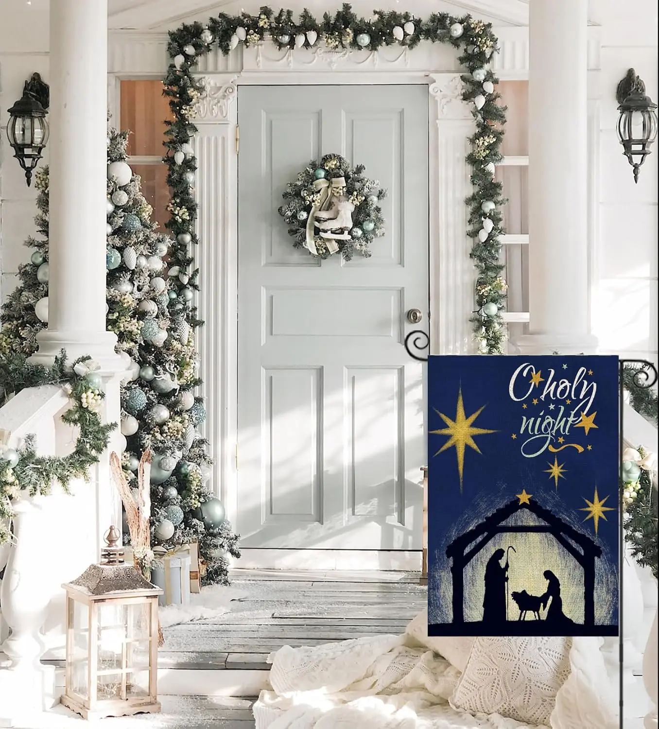 Christmas Oh Holy Night Garden Flag 12x18 Double Sided,Nativity with Star of Bethlehem Small Yard Flag,Seasonal Christ Winter De