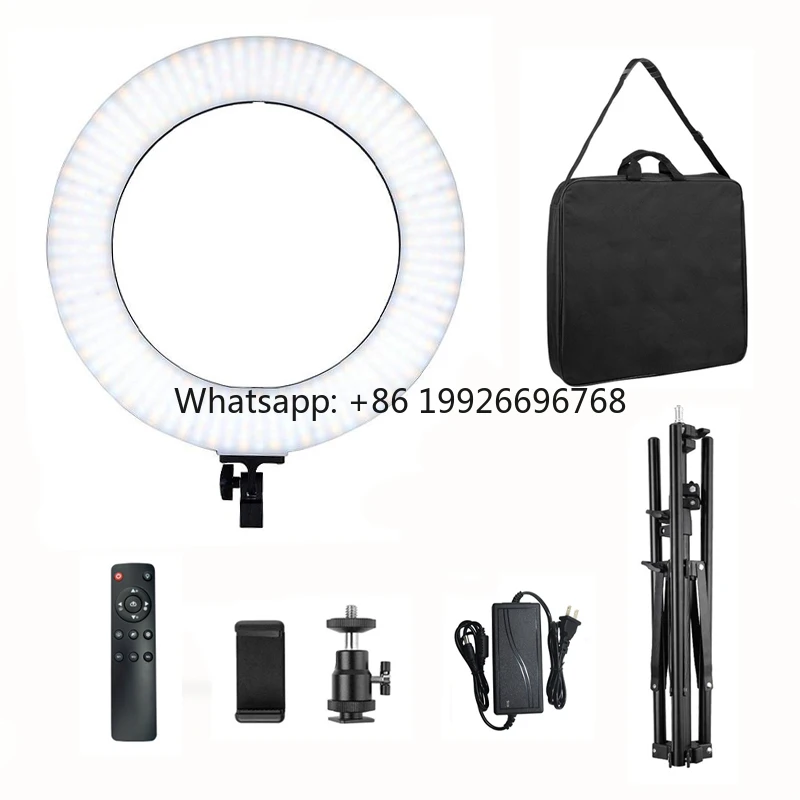 ไฟวงแหวน LED สำหรับถ่ายวิดีโอ 60W 3000-6000K ขนาดใหญ่ 18 นิ้ว พร้อมขาตั้ง ที่ยึดโทรศัพท์ แบตเตอรี่ และที่ชาร์จ
