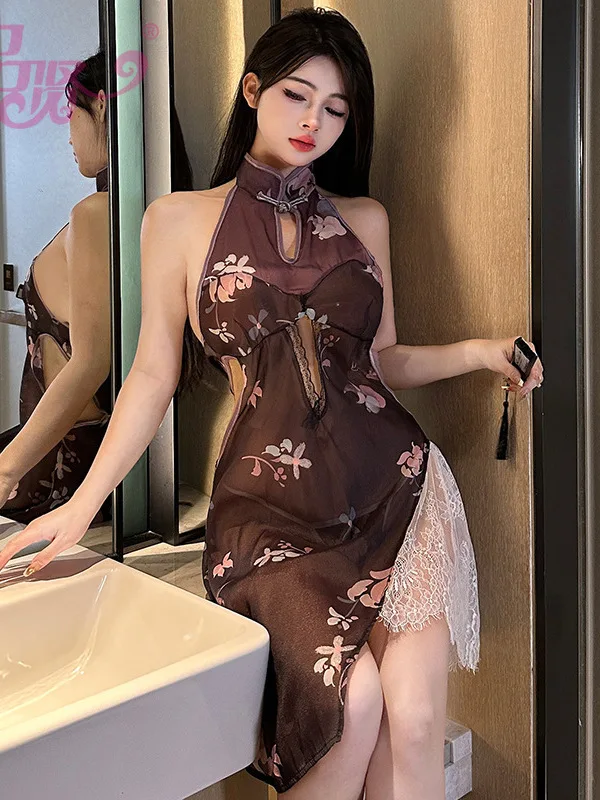 ชุดมินิ Retro ไม่สม่ําเสมอเซ็กซี่พิมพ์ดอกไม้ใหม่ Cheongsam ผู้หญิงร้อนชุดหวานลูกไม้ตาข่าย Sheer ผู้หญิงเสื้อ 8TFZ