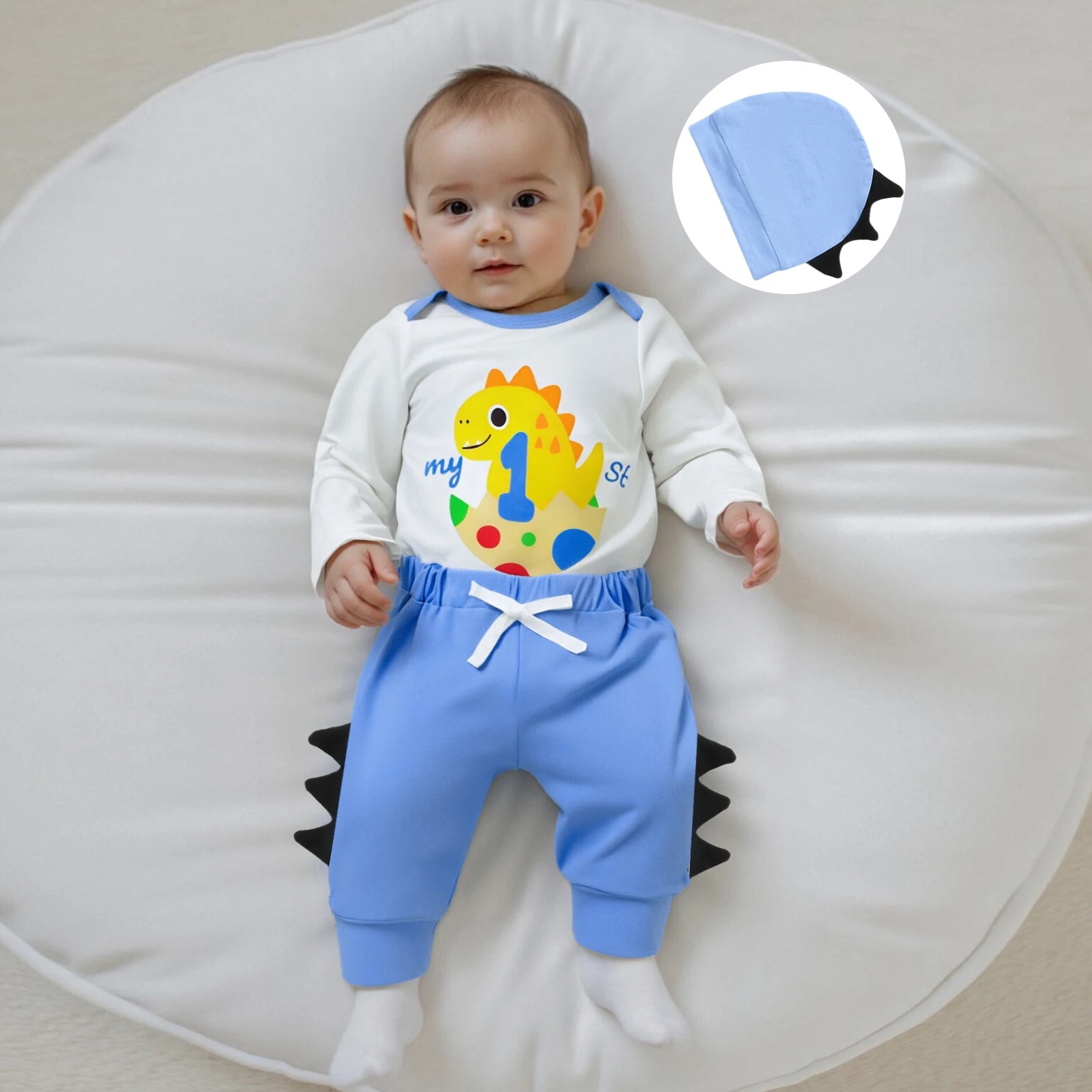 ملابس خريفية للأطفال الأولاد مطبوع عليها حروف ديناصور وأكمام طويلة وسراويل طويلة وقبعة مكونة من 3 قطع لزي عيد الميلاد #4