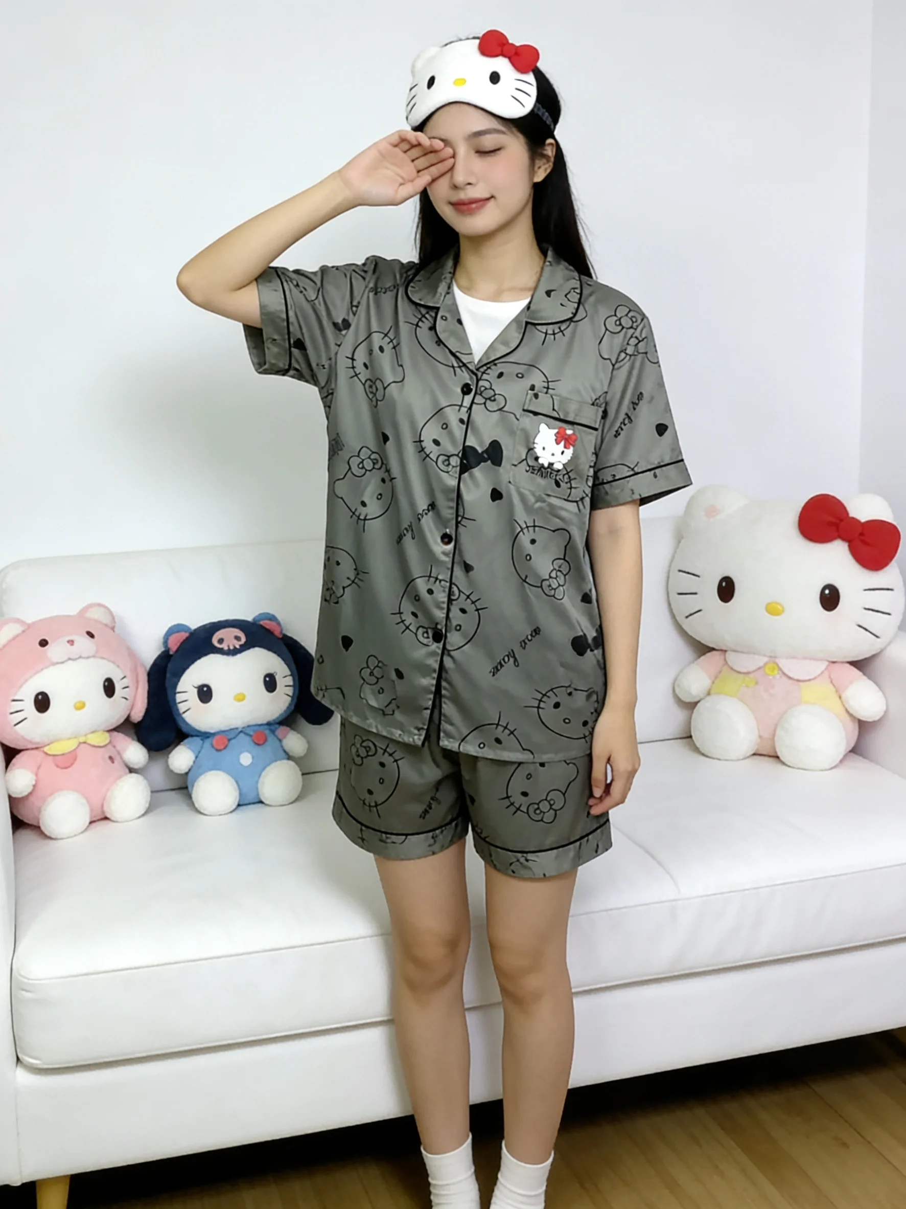 Hello Kitty Spring/Summer New Short-Sleeve Pajama Set, Gray Loungewear, Festival Gift, Bestie Outfit, Party Wear