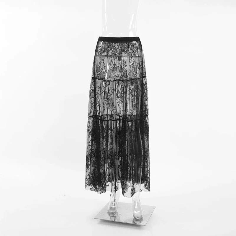 Deeptown Lace Black Long Skirts Elegant Sexy Women See Through 2024 Solid Skirts Loose High Waist Europe and America Fashion