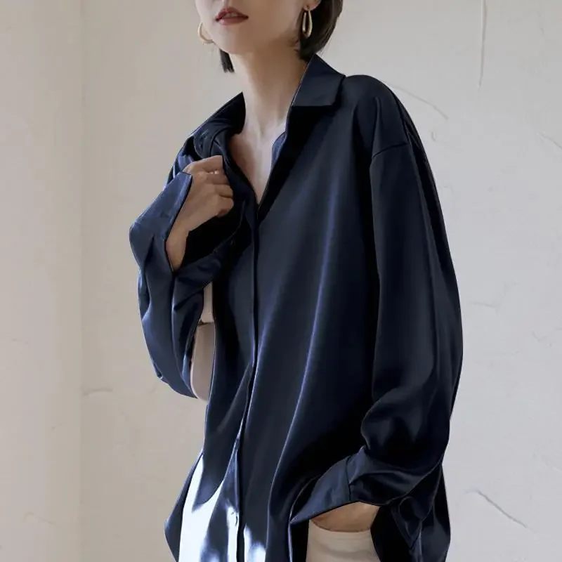 

Elegant Solid Color Button Loose Satin Shirt Women's Clothing New Oversized Casual Tops All-match Office Lady Blouse XQ140