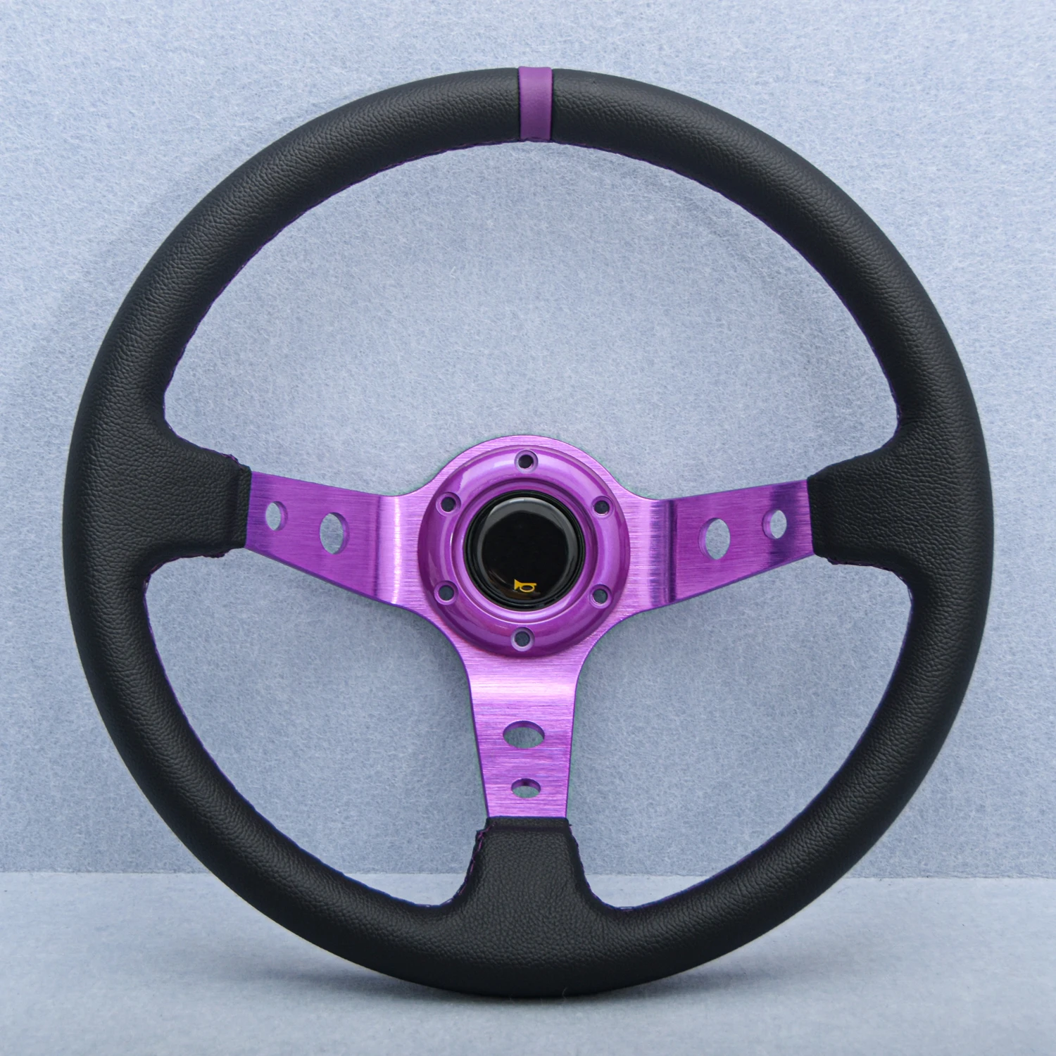 Volante de cuero de PVC JDM, volante deportivo de deriva de carreras con plato profundo y radios morados