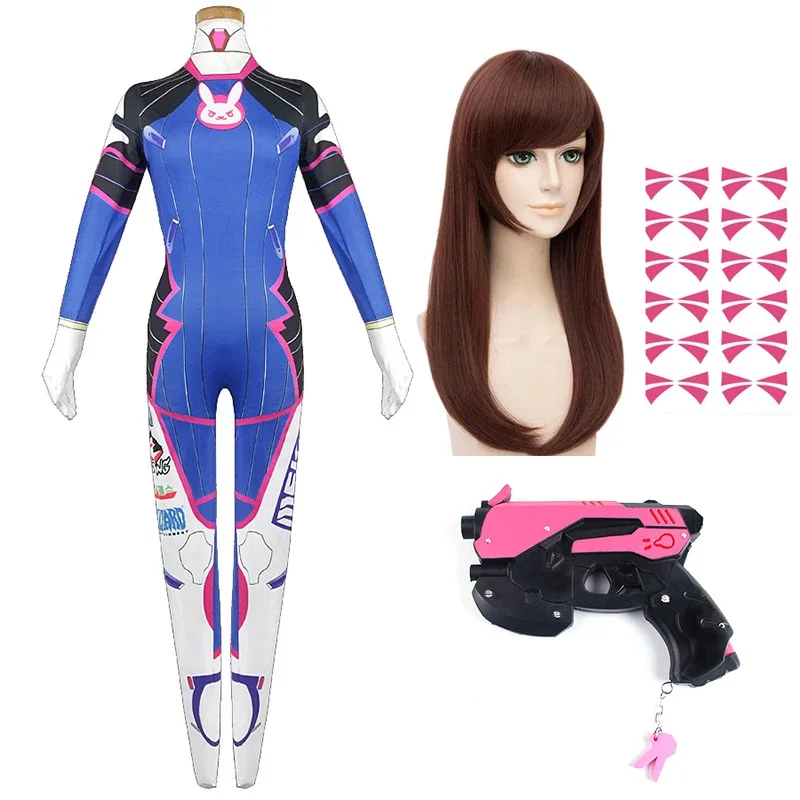 Game Overwatch Dva Cosplay Kostuums Panty Jumpsuit Pruik Hoofdtelefoon Pistool Cosplay Props Tattoo Stickers Pak Vrouw Party Zentai Cos