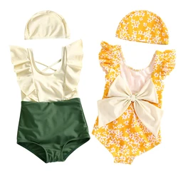 Baby Swimwear Yellow Floral Big Bow Children's Swimsuit with Cap Infant Girls Swimsuit UV UPF50+ One Piece Bikini for 2-10 Years