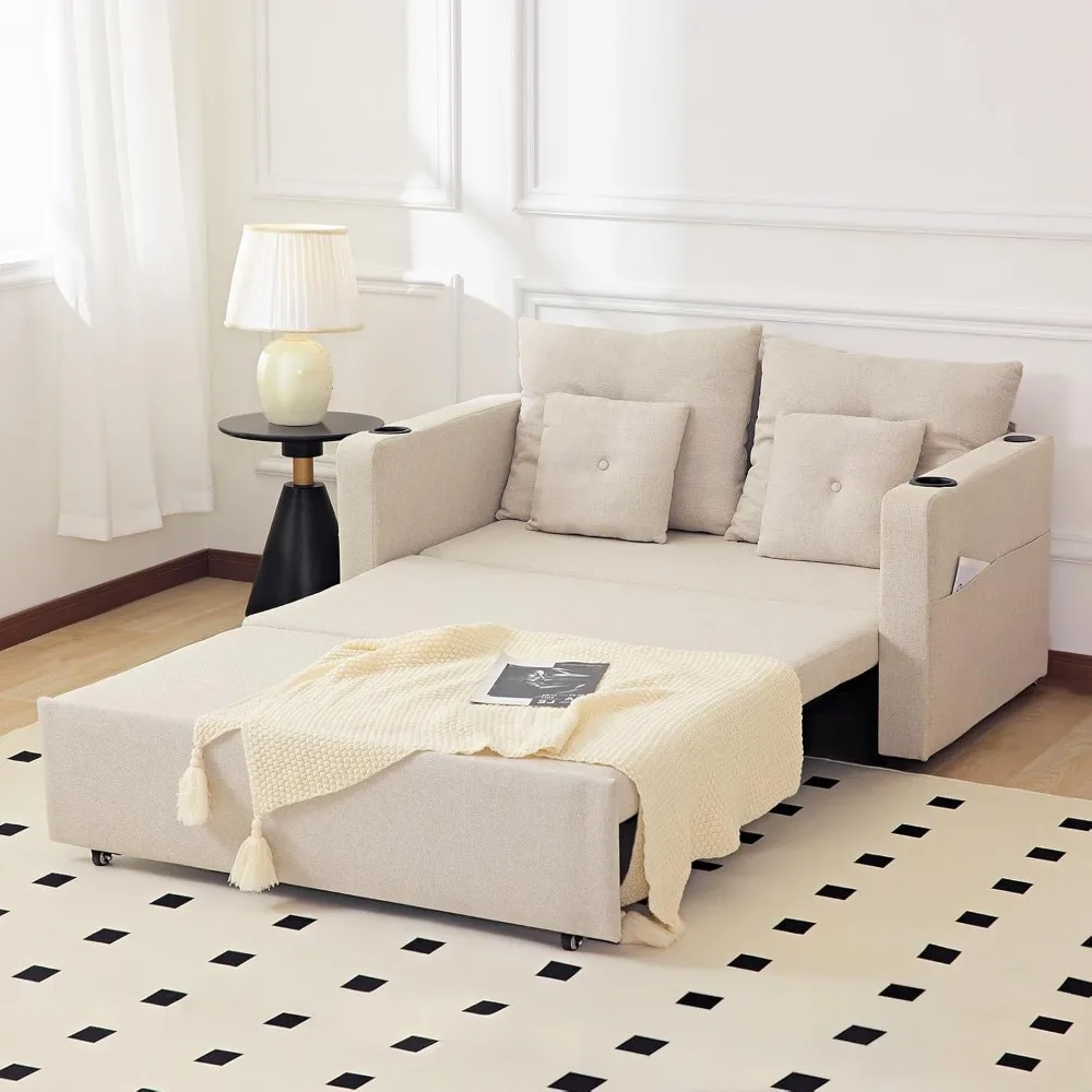 

55" Pull Out Couch Bed,3 in 1 Convertible Sleeper，Linen Fabric Love Seat Sleeper Bed Easy To Pull Out,Pillows,Cup Holder (Beige)