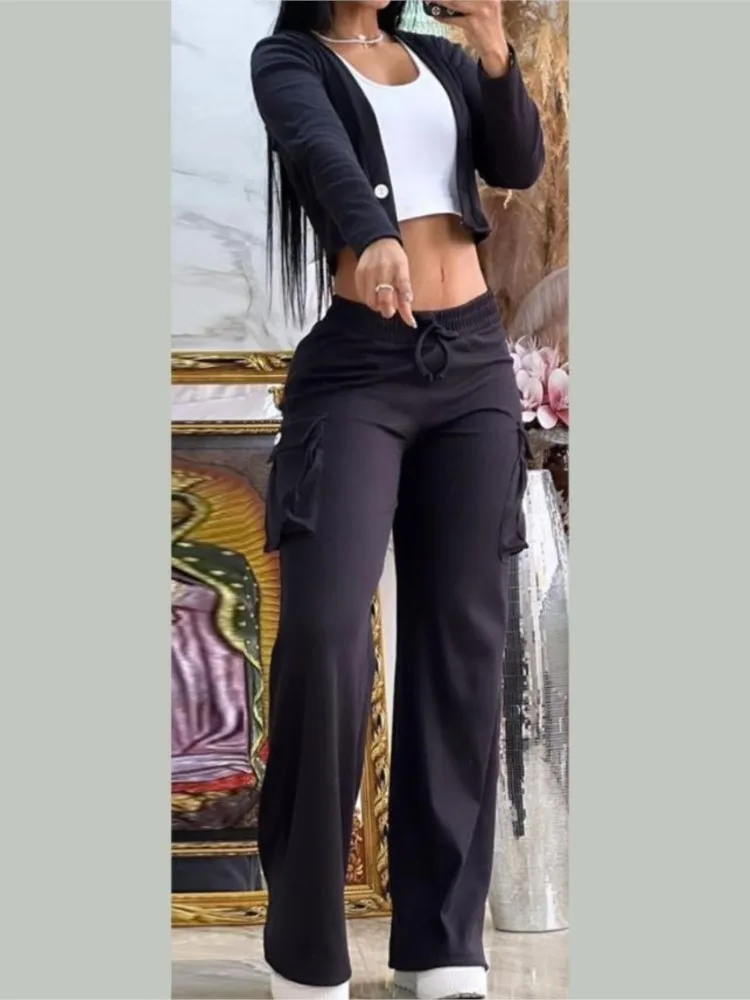 Women\'s Fashion Black Two Piece Sets Spring Autumn Deep V-neck Button Long Sleeve Navel Exposed Top & Wide Leg Pants Casual Set