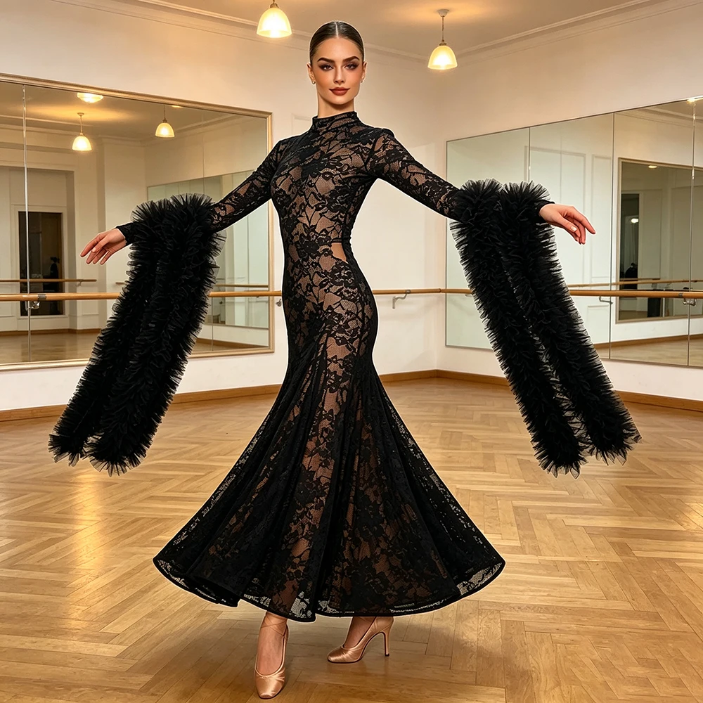Ballroom Dance Dress For Women High Neck Lace Long Tulle Flare Sleeve Waltz Gown Modern Dance Performance Party Costume