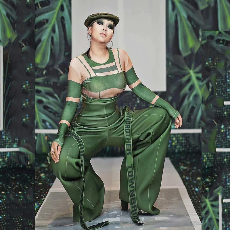 バーナイトクラブビヨンセ女性歌手コスチューム建国記念日フェスティバルパーティーグリーンアーミースタイルパフォーマンスドレスダンスコスチュームyj004